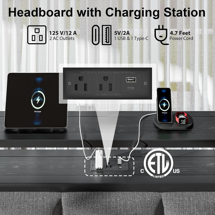 Full Size Bed Frame with LED Lights and Charging Station, Grey