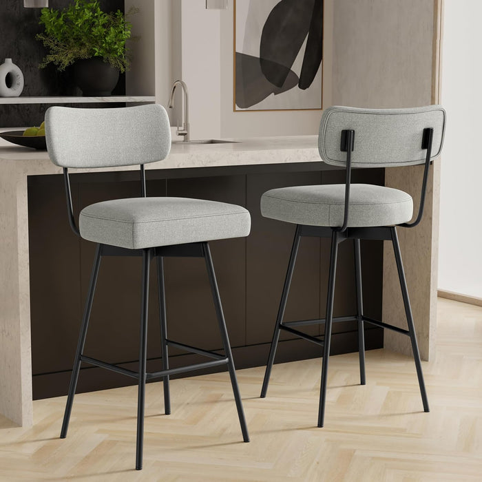Giselle Swivel Bar Stools (Set of 2) - 29 Inch Seat Height Upholstered Metal Chairs in Light Grey Polyester Linen, Contemporary Seating for Kitchen or Bar with Cushioned Seat and Back