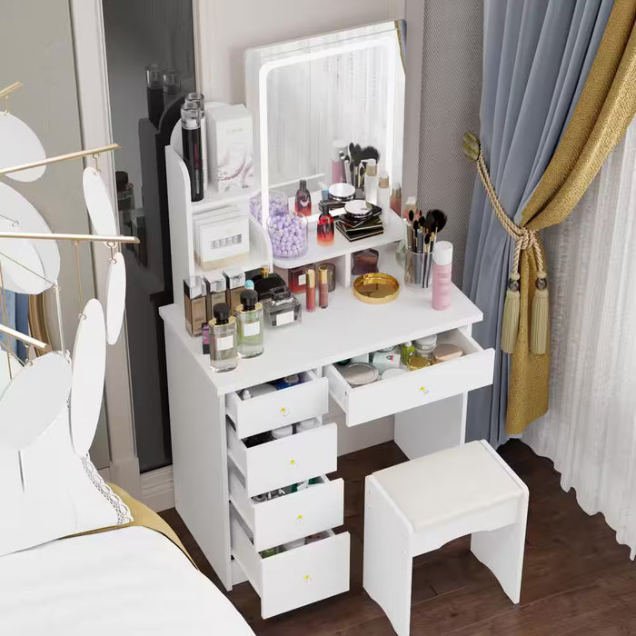 5-Drawers White Makeup Vanity Sets Dressing Table Sets with Stool, Mirror, LED Light and 3-Tier Storage Shelves