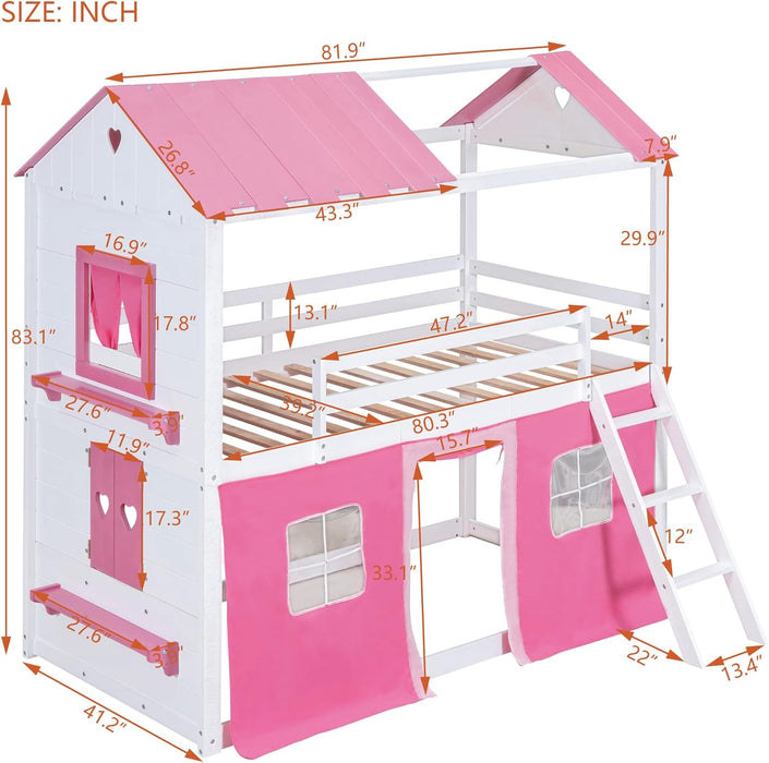 TwinOverTwin HousePlayhouse Bunk Bed PinkWhite Windows