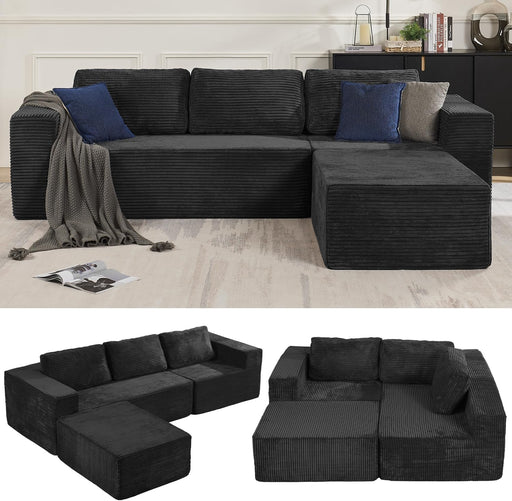 106 Inch Modular Sectional Sofa Black CorduroyFabric
