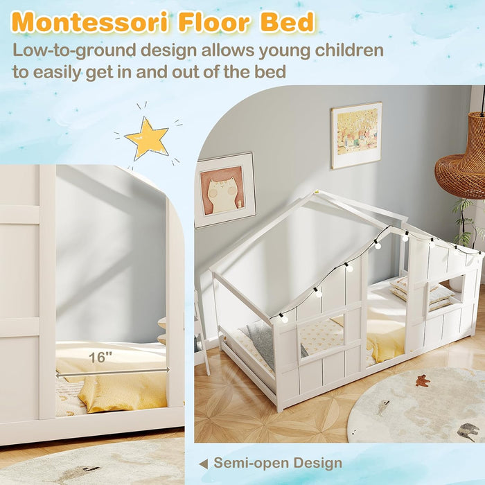 Twin Floor Bed LowProfile SolidWood LEDLights White