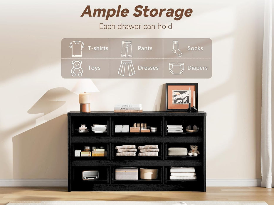 Black Dresser for Bedroom, 55" Wide Mid Century Modern Chest of Drawers with 9 Large Storage Space and Curved Edge Design, 9 Drawer Large Dresser for Bedroom