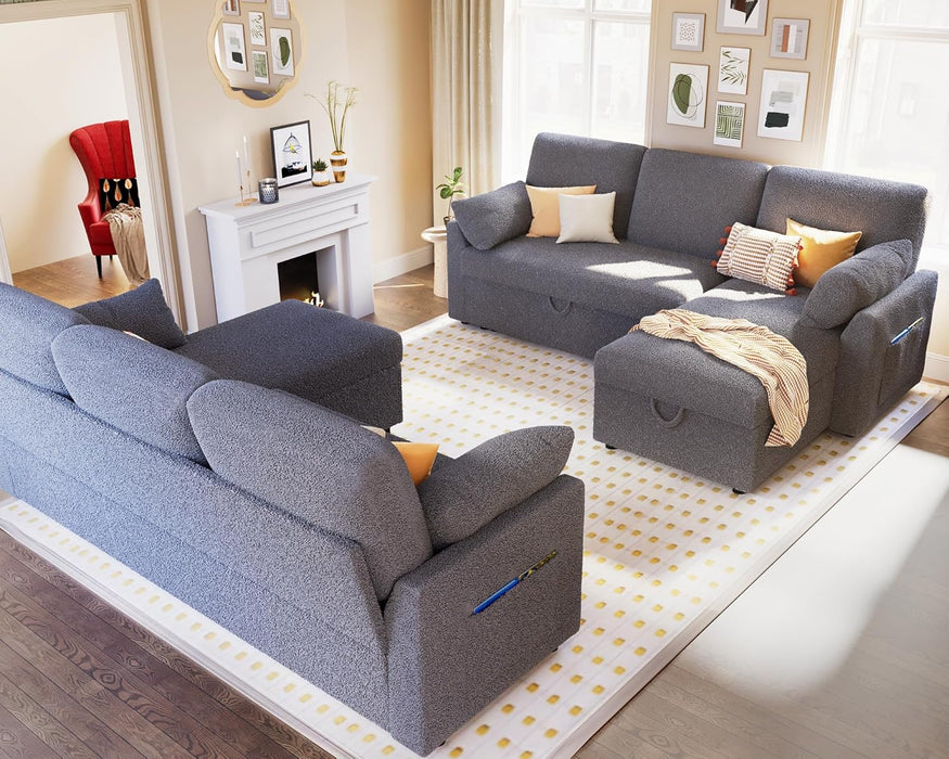 Grey Boucle Upholstered Convertible Sofa Bed Storage