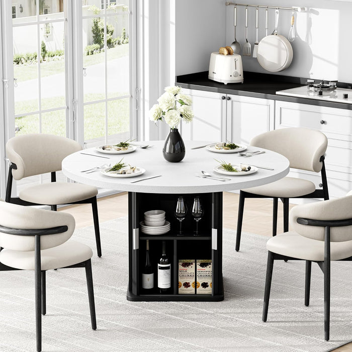 round Dining Table for 4, 47 Inch Modern Farmhouse Kitchen Table with Storage Shelf and Wood Slide Doors, Circle Dinner Table with Quartz Top and Wood Grain Base for Dining Room Kitchen (Black)