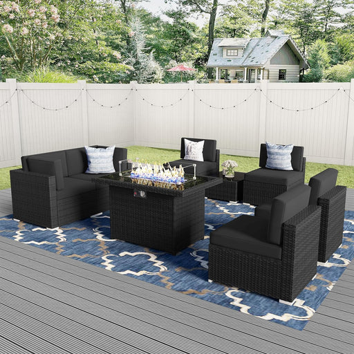 8 Pieces Patio Furniture Set with 44" Propane Gas Fire Pit Table, Outdoor Sectional Wicker Conversation Sofa Sets with Coffee Table