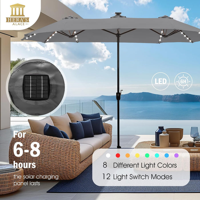 13 Ft Patio Umbrella with 120 LED Solar Lights Outdoor Umbrella, Gray