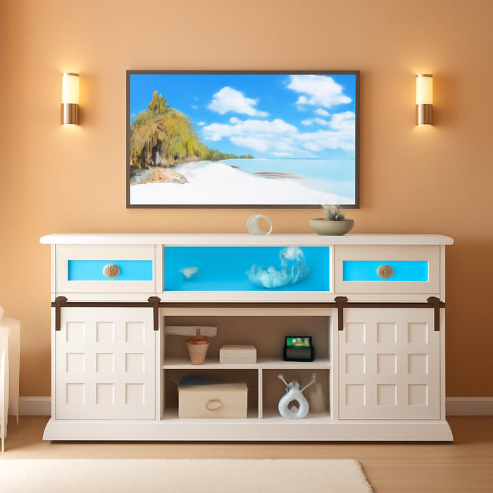 TV Stand for 80 Inch Tvs, LED Entertainment Center with Power Outlet, Farmhouse TV Stand W/Drawers & Sliding Barn Door, Media Console with Storage Cabinets for Living Room, White&Brown