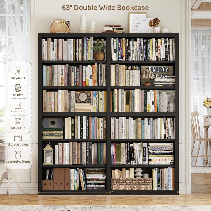 73" Tall Double Wide Bookshelf, 63" W 6-Tier Open Shelves, Black | Large Bookshelf and Bookcase, 12 Display Shelves, Modern Wood Book Shelf with Storage for Library, Home Office, Living Room