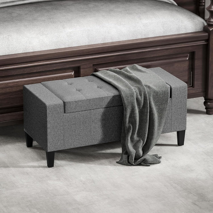 Storage Ottoman, Linen Upholstered Storage Bench with Lift Top and Button Tufted for Living Room, Gray