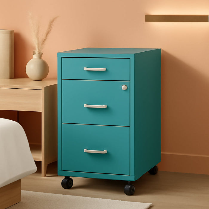 3 Drawers 29.52" Vertical Turquoise Metal Filing Cabinet Lockable Pre-Assembled Movable Letter Size for Home, Office