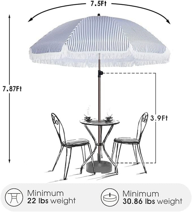 7.5Ft Patio Beach Umbrella with Fringe & Tassel, UPF50+ Push Button Tilt & Crank, Ideal for Garden, Lawn, Deck, Yard & Pool