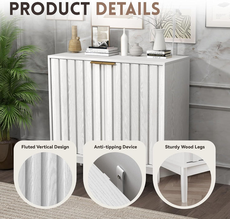 Fluted Buffet Cabinet with Storage, Small Accent Cabinets, White