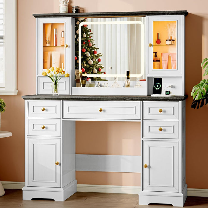 White Farmhouse Vanity Desk With Illuminated Mirror