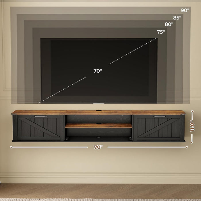 Floating TV Stand with Flip Doors, 70'' Farmhouse Floating TV Shelf for Tvs up to 90 Inch, 2 Tier Wall Mounted TV Stand, Floating Entertainment Center, TV Floating Cabinet for Living Room, Black