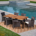 Randy | Outdoor 7-Piece Acacia Wood and Wicker Dining Set with Cushions | Teak Finish | in Multibrown/Beige, Rustic Metal