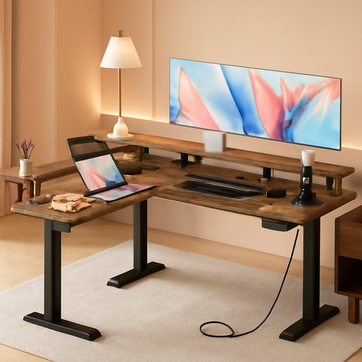 Electric L Shaped Standing Desk, 59 Inch Height Adjustable Stand up Desk with Power Outlets ＆ Full Monitor Stand, Reversible Corner Desk for Home Office ＆ Computer Workstation, Rustic Brown