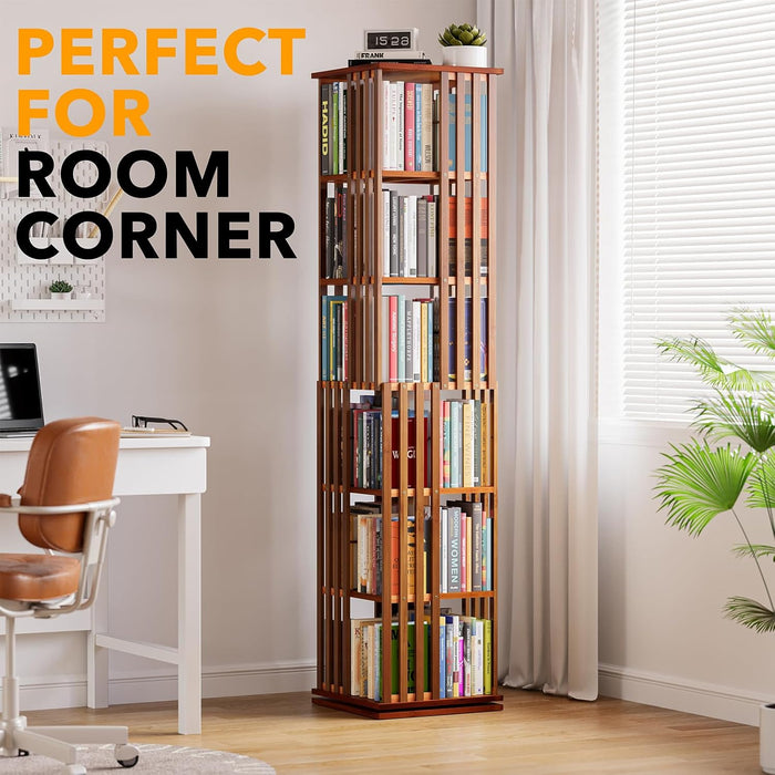 Walnut Six Tier Rotating Bookshelf Tower Organizer