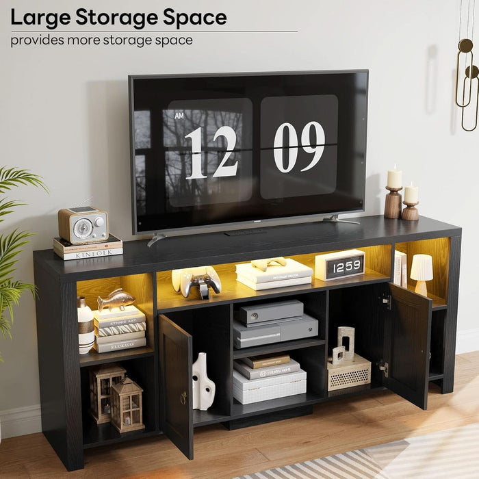 TV Stand for Tvs 80 Inch with LED Lights & Power Outlet, Entertainment Center with Cabinets, Adjustable Shelves and Open Shelves, Modern Media TV Console Living Room, Black