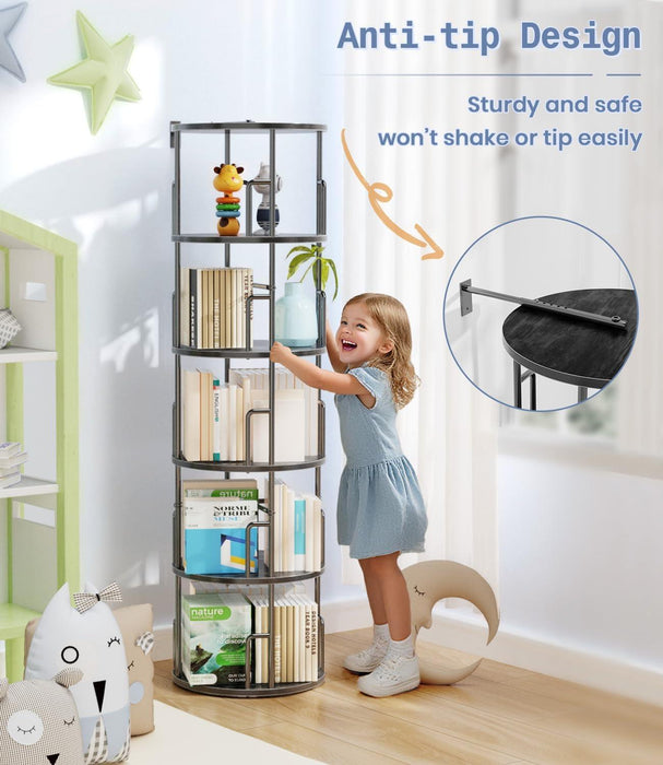 5 Tier Rotating Bookshelf Tower round Black,62”Tall Standing Spinning Bookshelf Tower Anti-Tipping Design,Metal & Wood Revolving Bookcase Stackable Space Saving for Small Spaces,Study,Living Room