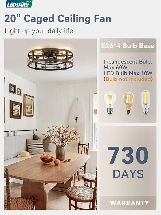 20" Caged Ceiling Fan with Light and Remote, Low Profile Flush Mount Fandelier, Walnut Bladeless Enclosed Small Fan Lights Ceiling Fixtures, Rustic Farmhouse Style for Bedroom, Outdoor