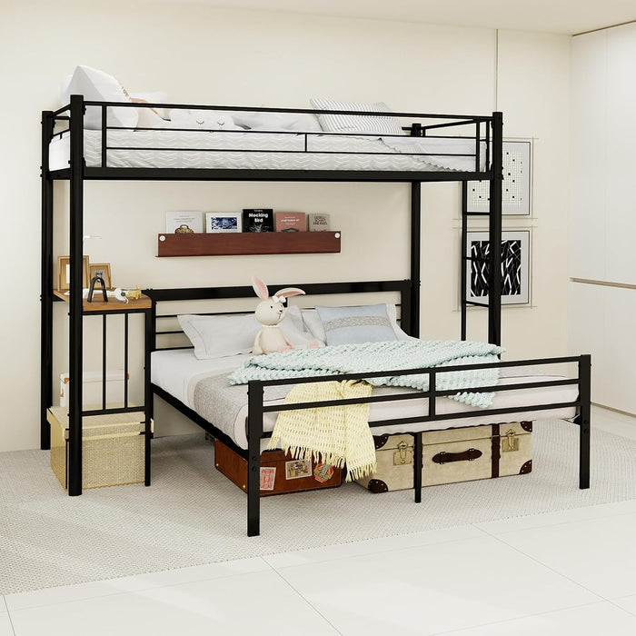 Black LShaped TwinOverFull BunkBedDesk HeavyDuty Metal