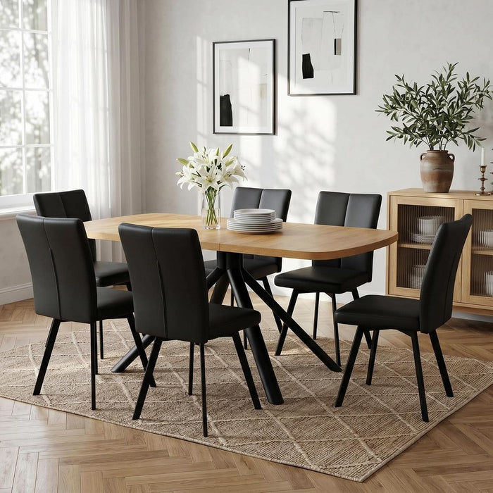 Extendable Dining Table Set for 6, Oak Table with 6 PU Black Chairs