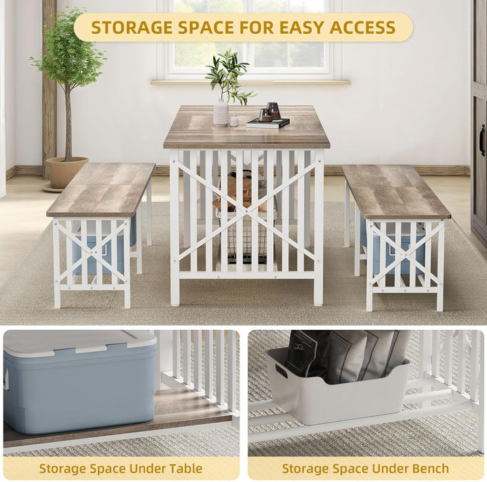 3-Piece Dining Table Set for 4-6 People, 63" Dining Room Table with 2 Benches, Industrial Rectangular Dining Room Table Set with Storage for Kitchen, Dining Room, Washed Grey