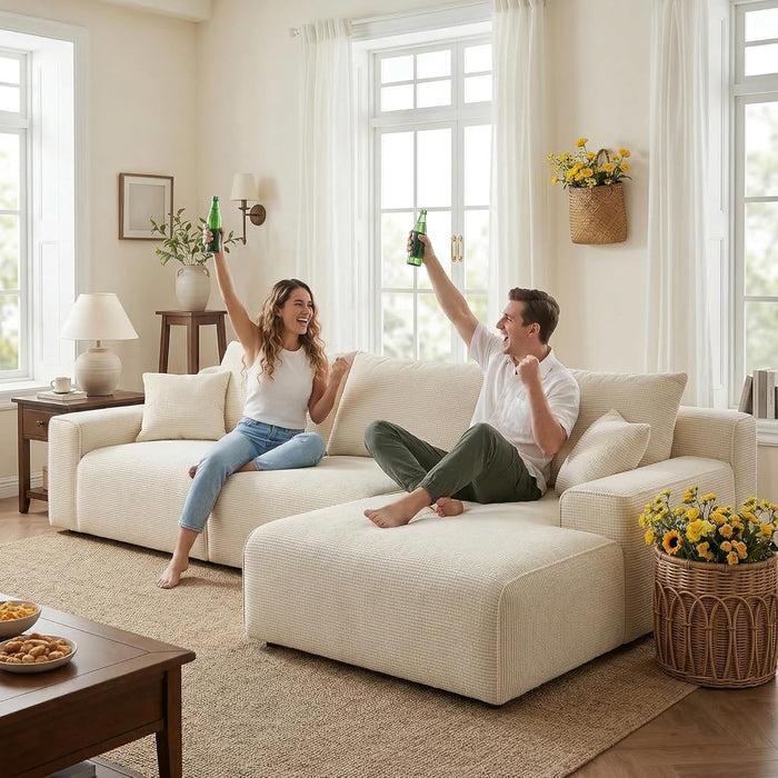98-Inch Sectional Sofa White Check Premium RightFacing