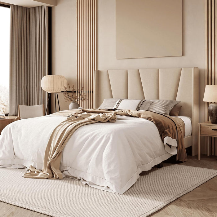 Queen Size Platform Linen Bed Frame with Headboard, Beige