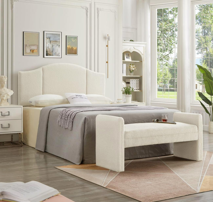 Modern Upholstered Bed Bench Covered with Soft Boucle Teddy Fabric, Lovely Entryway Bench Ottoman with Armrest,5062-Cream