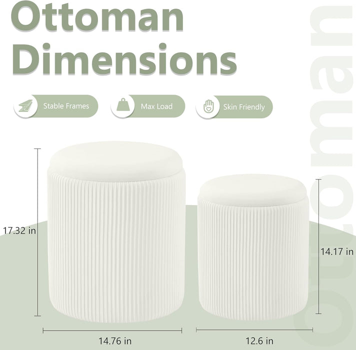 round Ottoman with Storage Set of 2,Vanity Stool with Storage for Bedroom, Ottoman Coffee Table,Small Velvet Foot Stool for Living Room, White