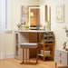 Corner Vanity Desk with Lighted Tri-Fold Mirror, Makeup Table with Charging Station, Fluted Door Cabinet, Storage Shelves, Space Saving Dressing Table with Stool for Bedroom, White & Gold