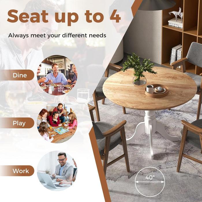 round Dining Table, 39" D X 29" H, Rubber Wood Pedestal Table W/Round Tabletop & Curved Trestle Legs, 4-Person Dinner Table for Kitchen, Dining Room, Restaurant (Natural & White)