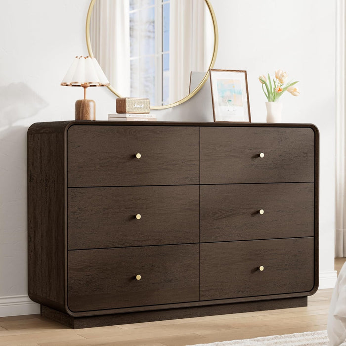 6 Drawer Dresser for Bedroom, 47.2” Wide Modern Chest of Drawers with Curved Profile Design, Wooden Dresser TV Stand with Gold Metal Handles, Large 6 Drawer Dresser for Bedroom, Living Room