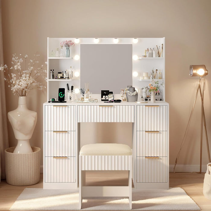 Fluted Vanity Desk with Mirror and Lights in 3 Modes and Charging Station, Makeup Vanity Table Set with 7 Drawers & Storage Shelves, Dressing Table with Chair for Bedroom, White