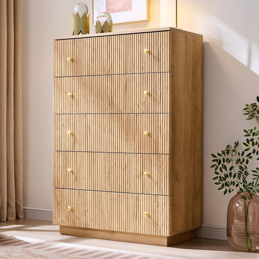 Fluted 5 Drawers Dresser for Bedroom, 45" Tall Modern Dressers & Chest of Drawers with Metal Handle, Wood Closet Clothes Storage Organizer,Storage Dressers Organizer for Hally/Living Room, Natural