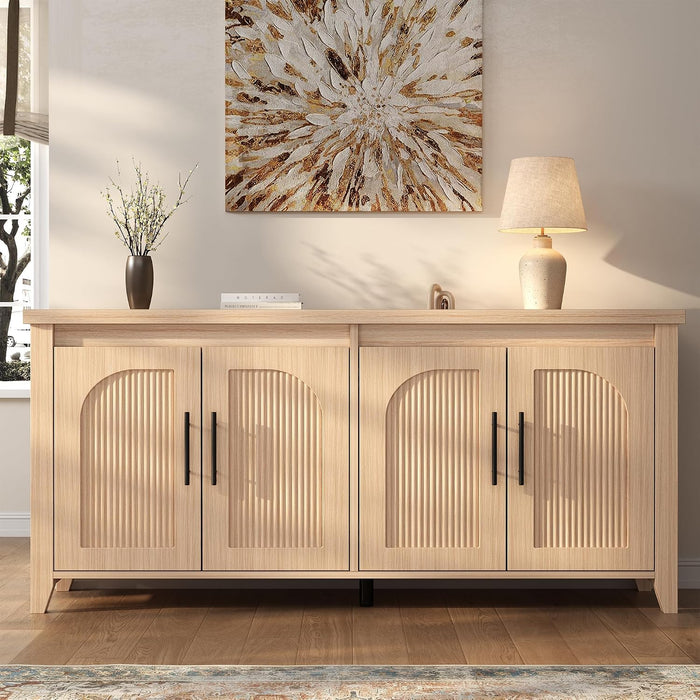 63" Fluted Sideboard Buffet Cabinet with Storage, Mid Century Modern Wood Arched Credenza, 4 Door Accent Console Table for Dining Room, Kitchen, Coffee Bar, Natural