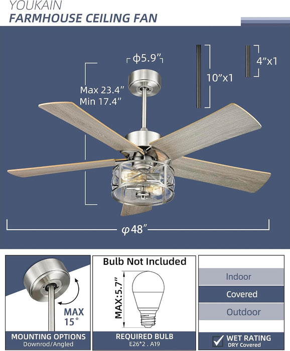 Farmhouse Ceiling Fans, 48 Inch Industrial Ceiling Fan with Light and Remote Control, Clear Glass, 5-Reversible Blades with Gray Oak/Burlywood Finish, 52-YJ632-BN