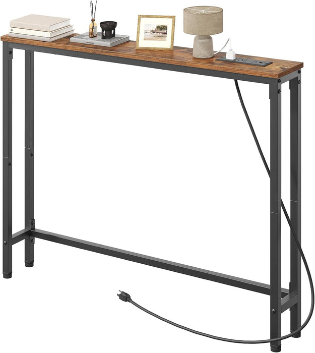 39.4 Inch Narrow Console Table with Power Outlets, 5.9 Inch Sofa Table with Storage, Skinny behind Couch Table, for Entryway Hallway, Small Spaces, Rustic Brown and Black BF52UXG01G1