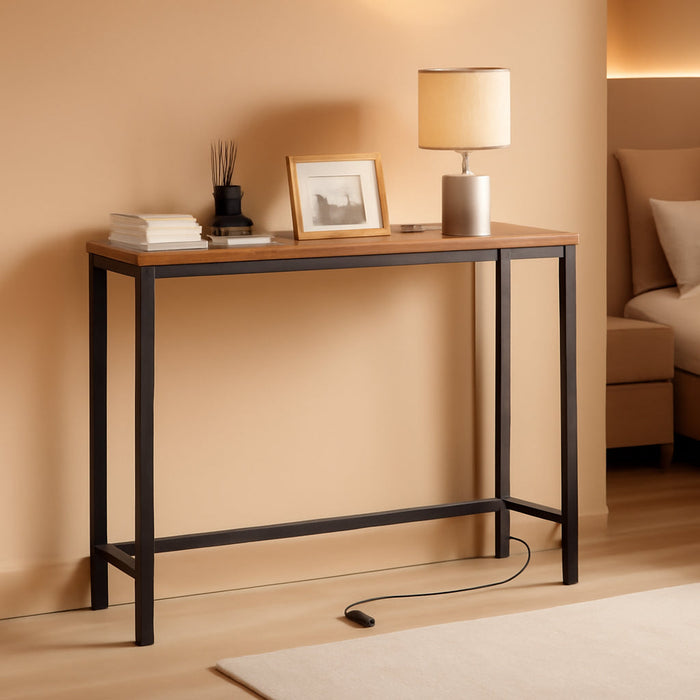 39.4 Inch Narrow Console Table with Power Outlets, 5.9 Inch Sofa Table with Storage, Skinny behind Couch Table, for Entryway Hallway, Small Spaces, Rustic Brown and Black BF52UXG01G1