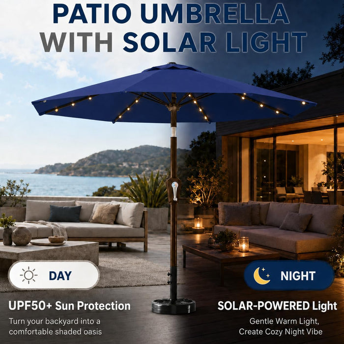11FT Solar Patio Umbrella with Lights, Outdoor Table Market Umbrella with 32 LED Lights, 8 Sturdy Ribs, Smooth Crank Lift for Pool, Deck and Garden, Uv-Resistant
