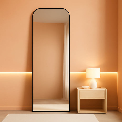 Full Length Mirror 65"X24" Arched Floor Standing Large Mirrors Full Body Mirror with Stand - with Aluminum Frame for Bedroom Living Room, Black