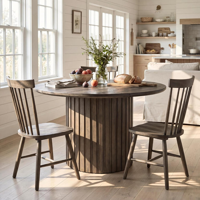 Reclaimed round Pedestal Dining Table, 47" Rustic Wood Kitchen Table for 4-6 People, Farmhouse Circle Dining Table with Fluted Base for Kitchen Dining Room Restaurant, Deep Brown
