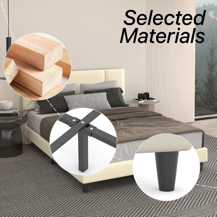 Queen Size Platform Bed Frame with Chenille Headboard, Beige