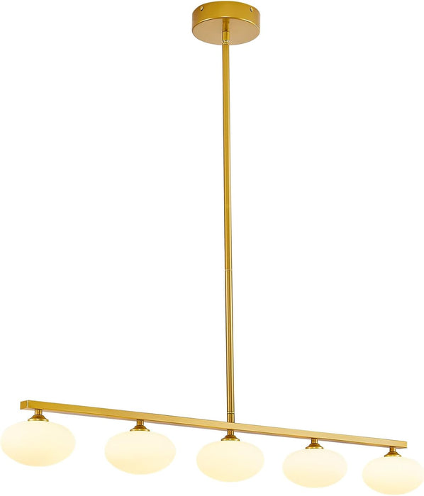 Golden Linear Midcentury Chandelier Quintuple Globes