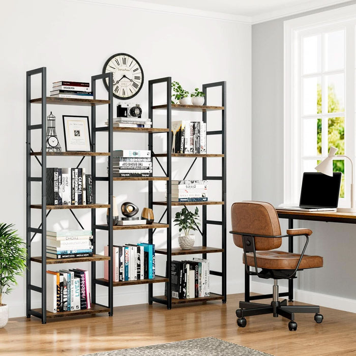 Triple Column 5 Tier Bookshelf, Bookcase with 14 Open Display Shelves, Adjustable Rustic Industrial Style Book Shelves, Modern Bookshelves for Bedroom, Living Room and Home Office, Vintage