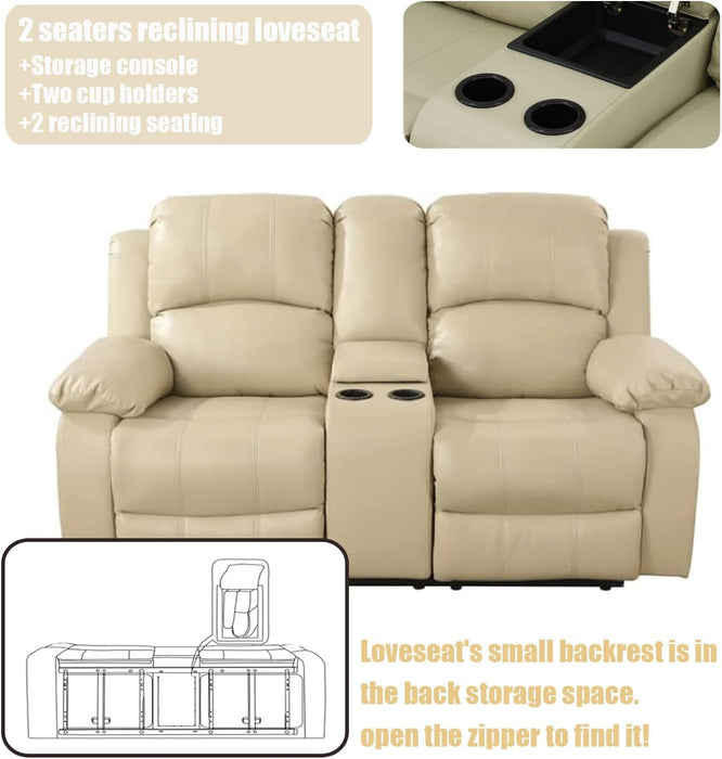 Beige Leather Reclining Sofa Set for Living Room Set,Recliner Sofa with Drop down Table/Double Recliner Loveseat with Storage Console/Recliner Chair/Faux Leather
