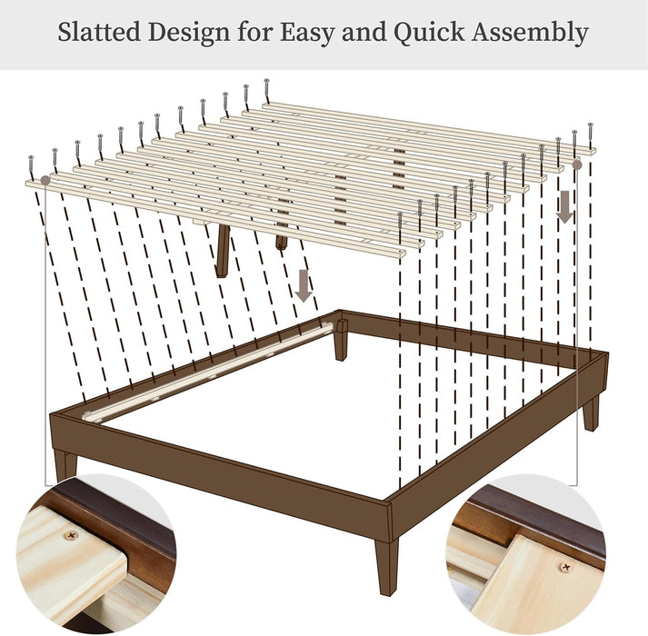 Queen Bed Frame Natural Solid Wood Platform Bed with Wooden Slats Support, 7.3-Inch Underbed Space for Storage, Noise-Free Design, Easy Assembly, Dark Walnut Finish