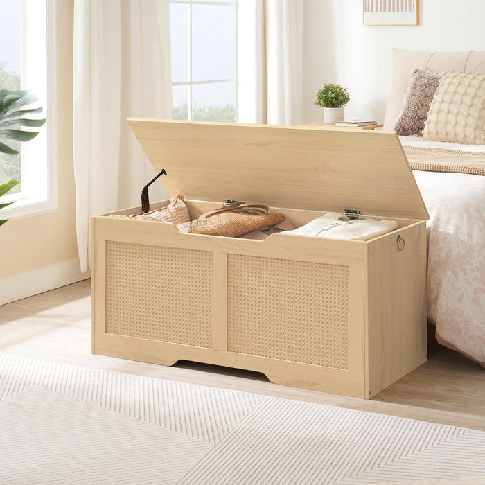 Storage Bench, 43.3" Toy Box, Rattan-Like Storage Chest, Sturdy Entryway Bench Supports 220 Lb, Toy Chest, Safety Hinge, U-Shaped Opening, Easy Assembly, Natural NL22CW01